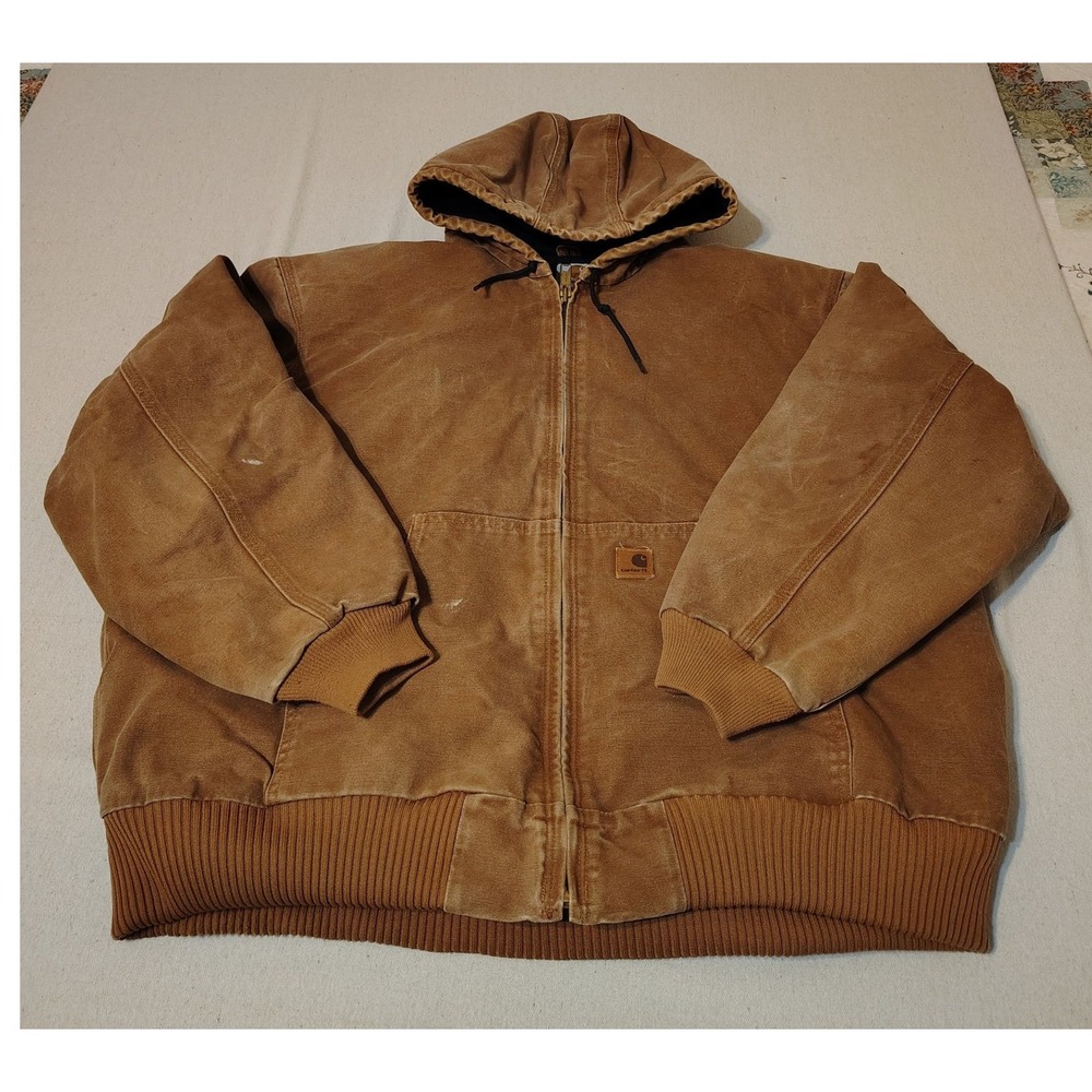 Carhartt Active Jacket‎ Mens Brown Cotton Duck Canvas Insulated Hooded Work Coat